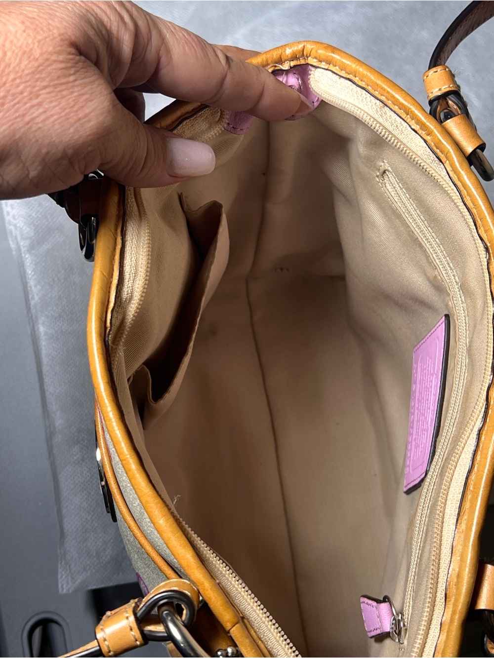 Coach Peyton Signature Canvas Tote in Purple and Pink Floral Print and Tan Trim - Picture 10 of 16